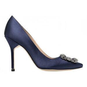 Manolo Blahnik Hangisi 105 Navy Blue Satin Crystal Jewel Buckle Heel Pump 40
